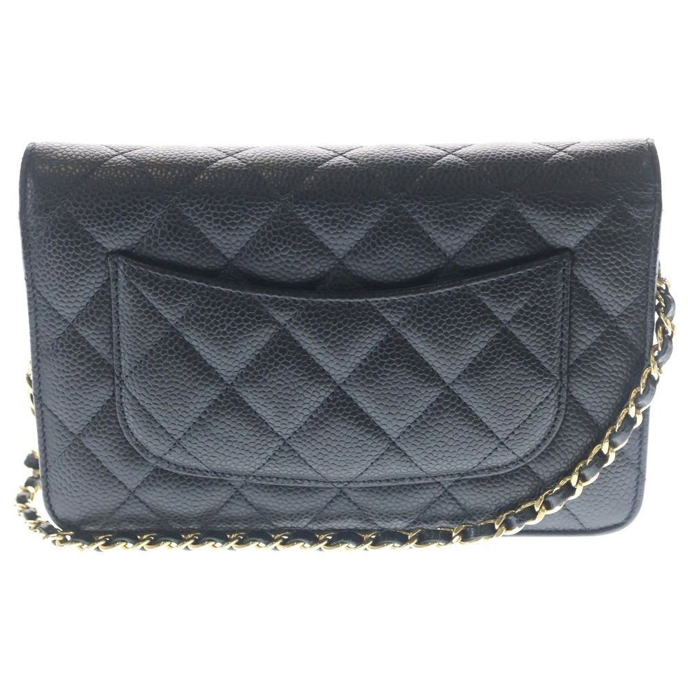 Chanel Quilted Chain Wallet Caviar Leather Shoulder Bag Gold Black Plate — view 2