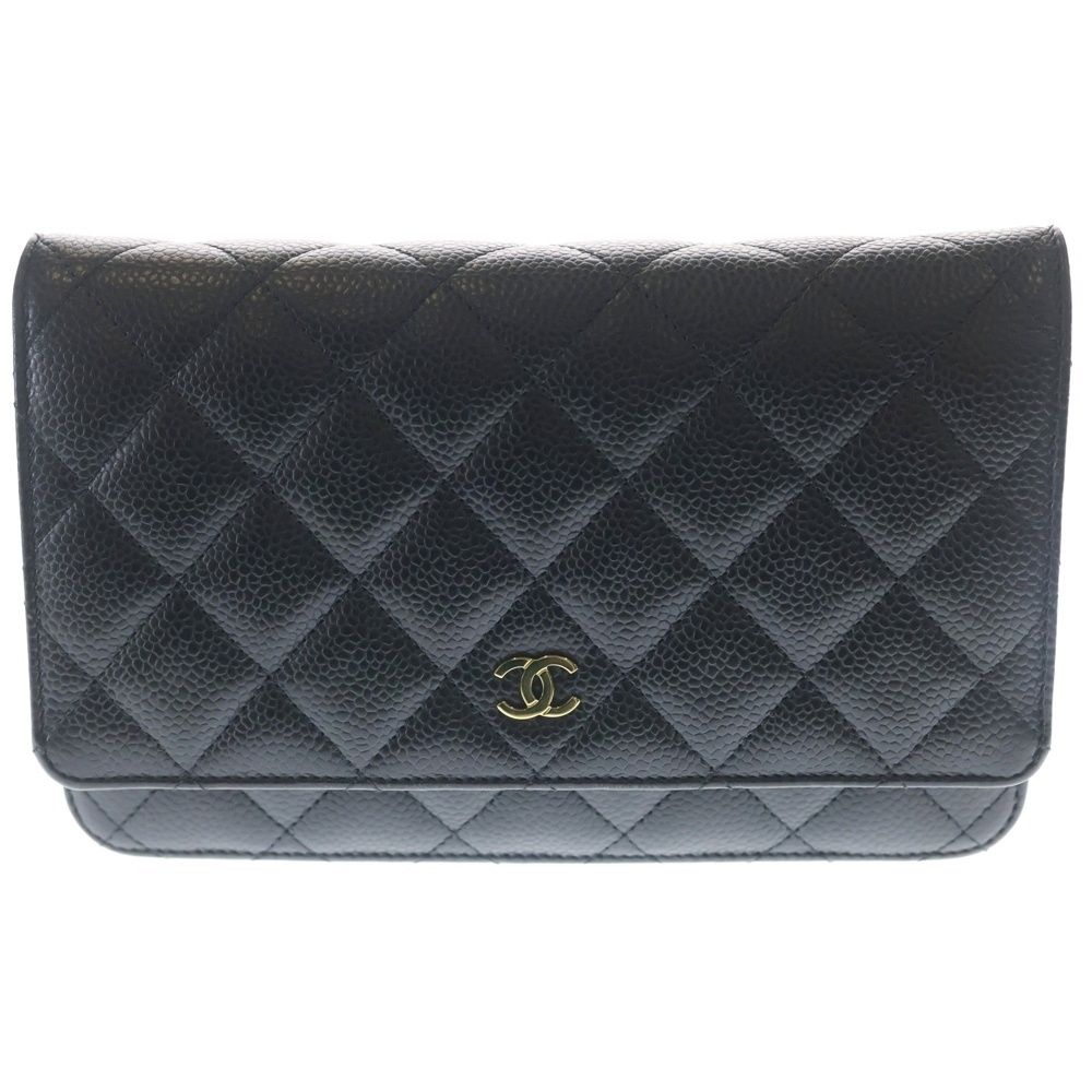 Chanel Quilted Chain Wallet Caviar Leather Shoulder Bag Gold Black Plate