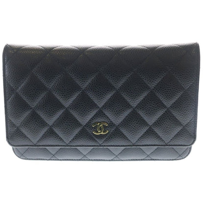 Chanel Quilted Chain Wallet Caviar Leather Shoulder Bag Gold Black Plate