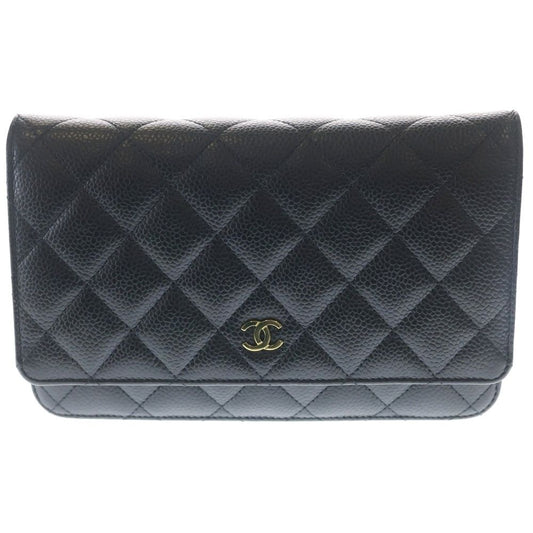 Chanel Quilted Chain Wallet Caviar Leather Shoulder Bag Gold Black Plate
