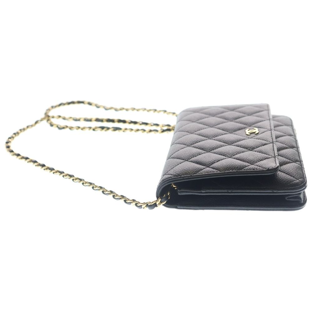 Chanel Quilted Chain Wallet Caviar Leather Shoulder Bag Gold Black Plate — view 3