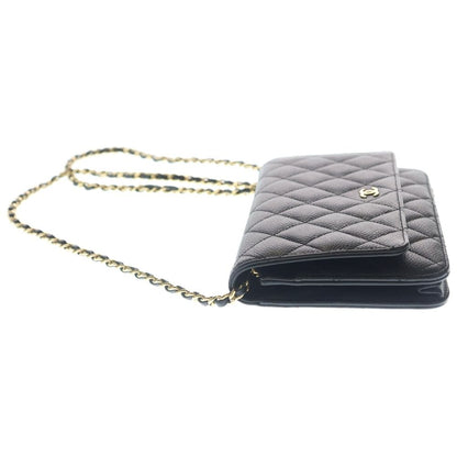 Chanel Quilted Chain Wallet Caviar Leather Shoulder Bag Gold Black Plate — view 3