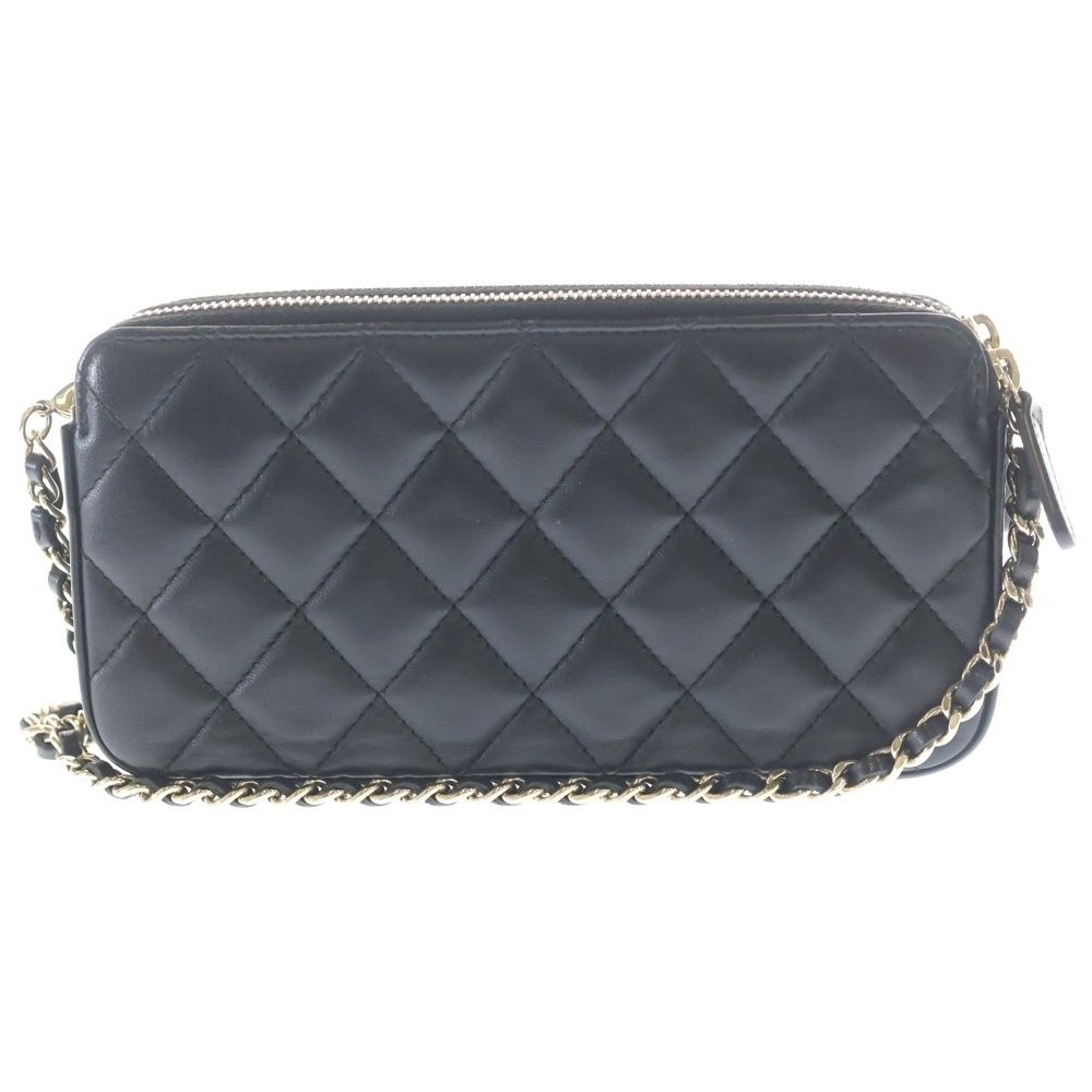 Chanel Quilted Pearl Chain Wallet Shoulder Bag Gold Black — view 2