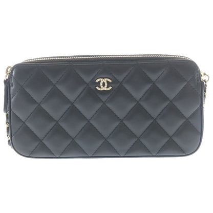 Chanel Quilted Pearl Chain Wallet Shoulder Bag Gold Black