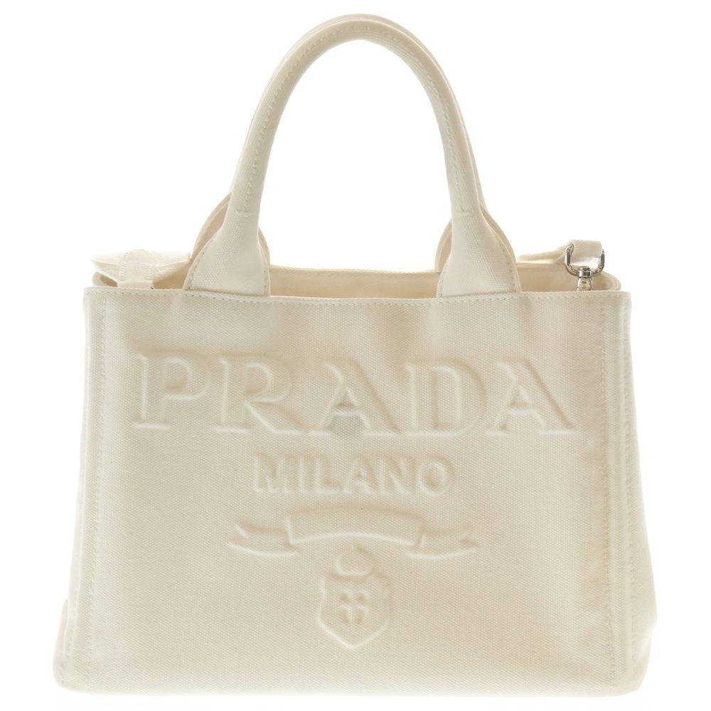 Prada Logo Triangle Plate Canvas 2-Way Handbag White