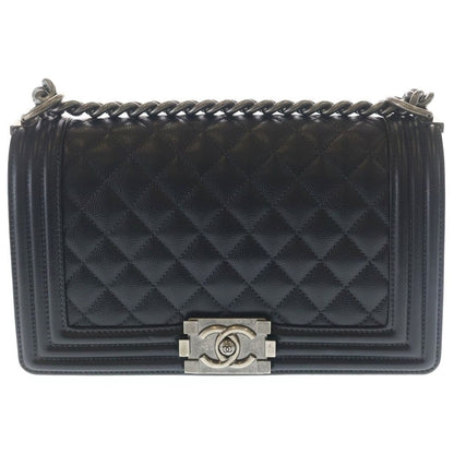 Chanel CC Logo Calfskin Leather Chain Shoulder Bag Silver Black