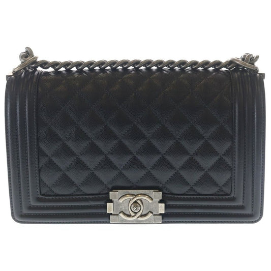 Chanel CC Logo Calfskin Leather Chain Shoulder Bag Silver Black