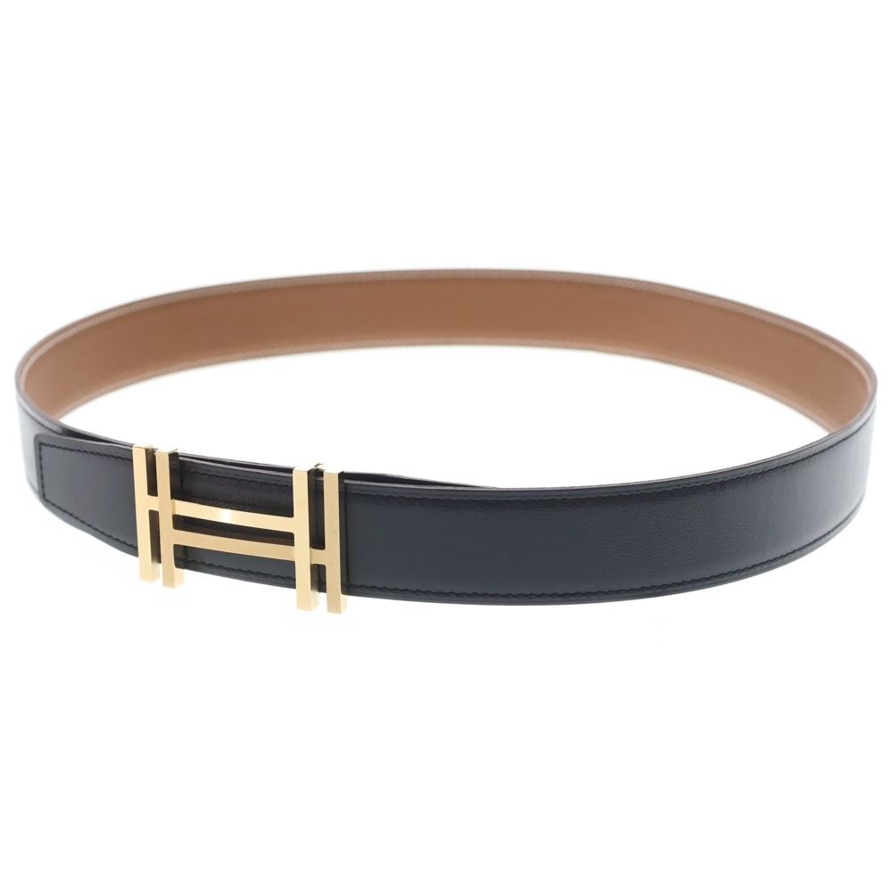 Hermes O Carre Gold Logo Buckle Reversible Leather Belt Black Brown