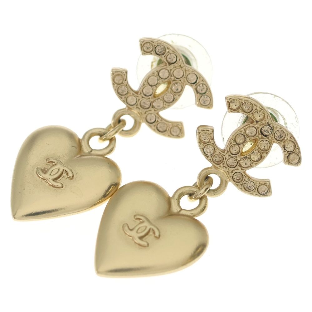 Chanel CC Logo Line Stone Heart Motif Earrings Gold