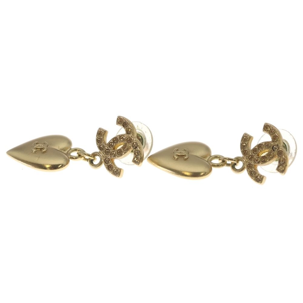 Chanel CC Logo Line Stone Heart Motif Earrings Gold — view 3