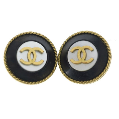 Chanel CC Logo Earrings Round Black White Gold