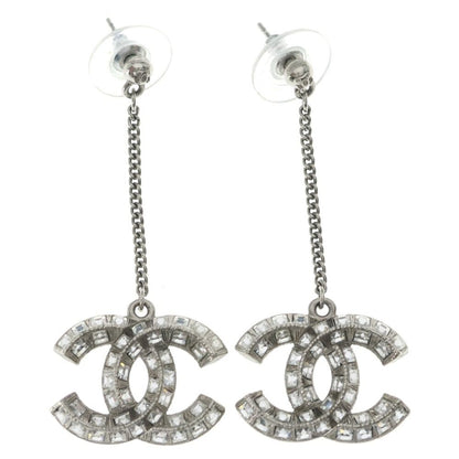 Chanel CC Logo Crystal Swing Earrings Silver