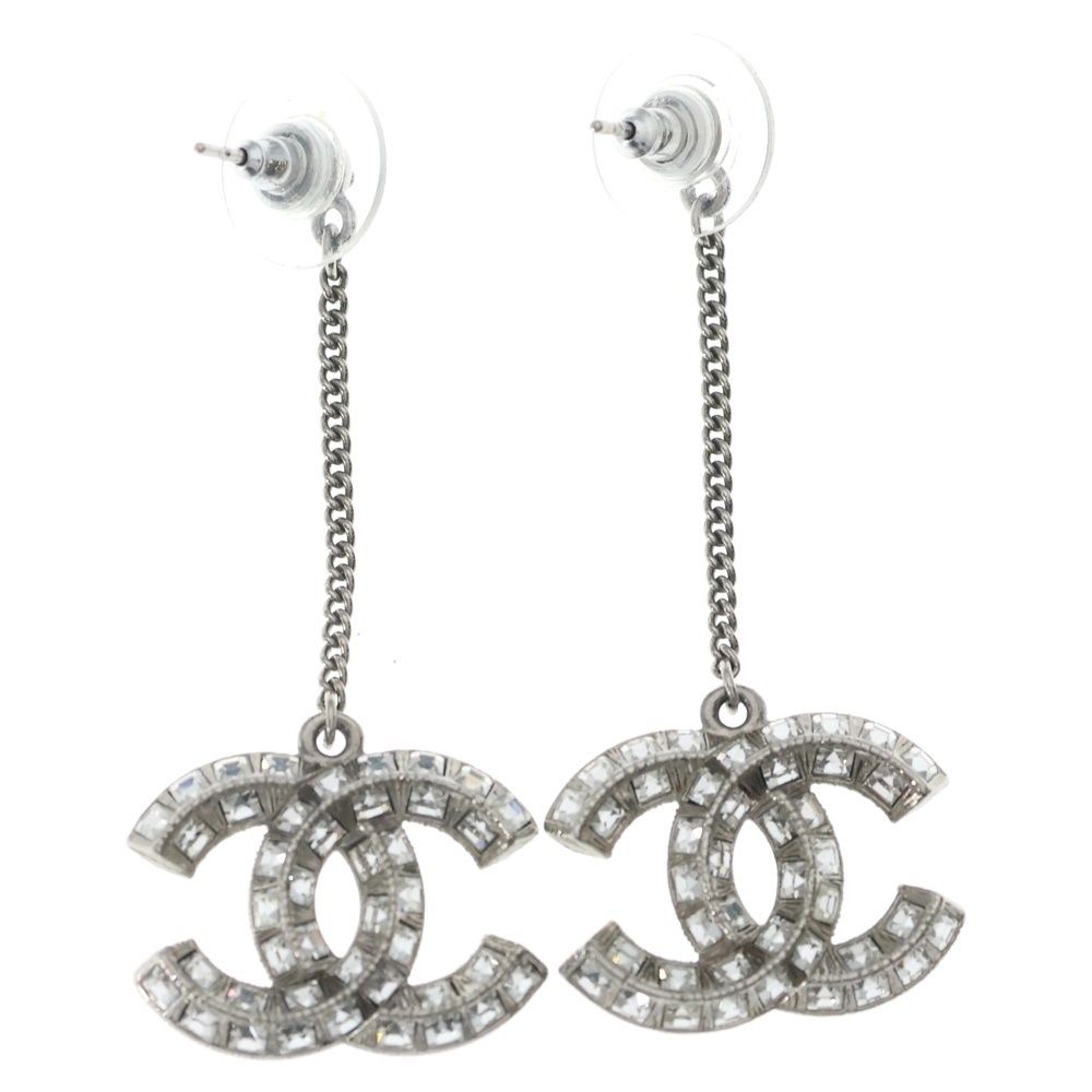Chanel CC Logo Crystal Swing Earrings Silver — view 2