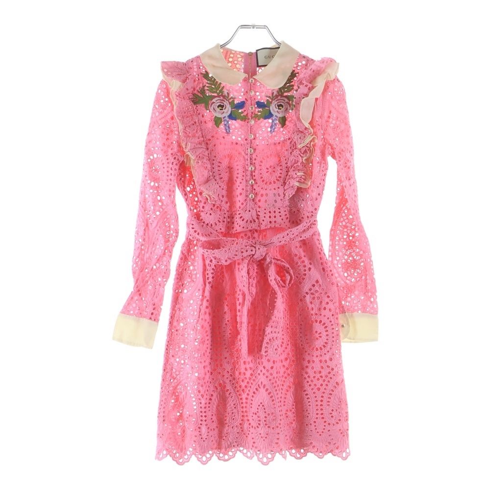 Gucci Silk One Peace Pearl Boudin Lace Dress Pink