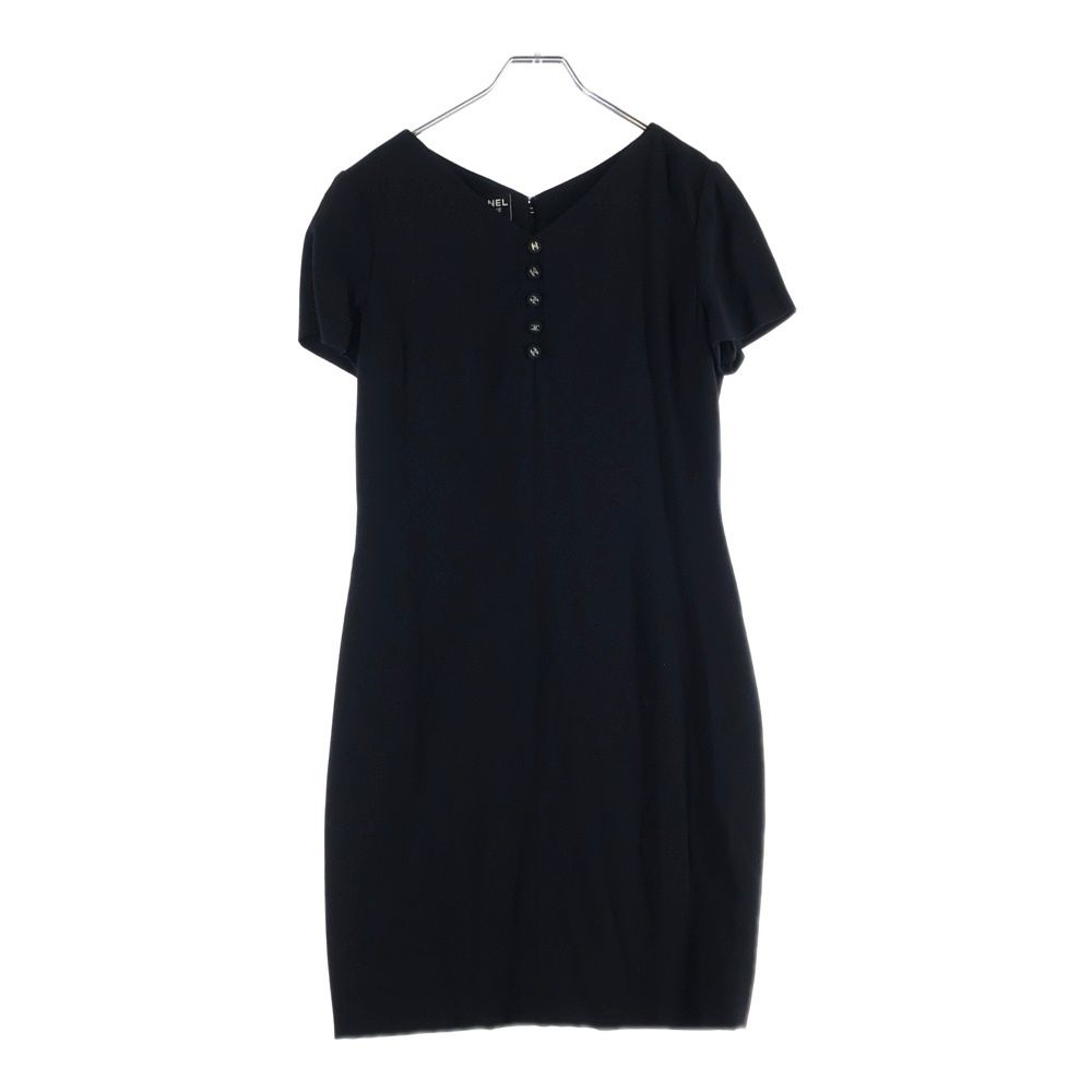 Chanel Coco Button Knee Length Dress Black Wool 42