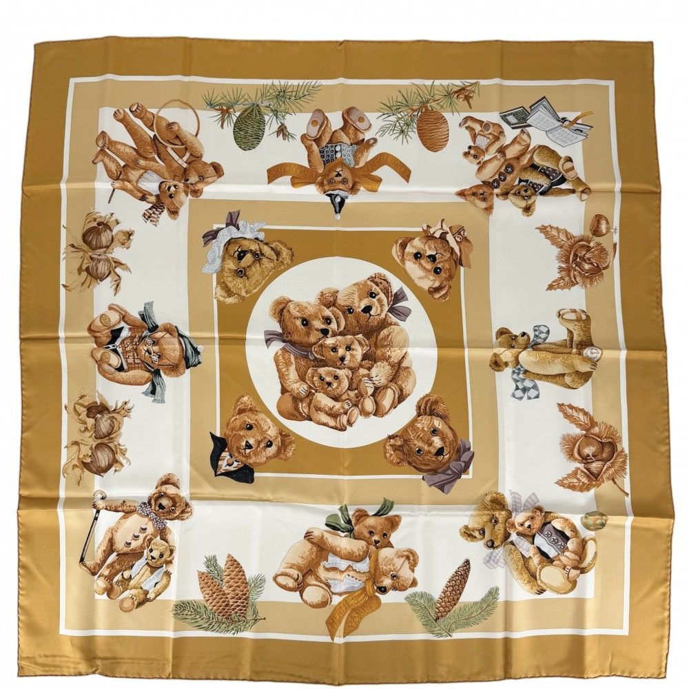 Hermes Scarf Carre 90 Friend of the Heart Carres Teddy Bear Silk Yellow Brown