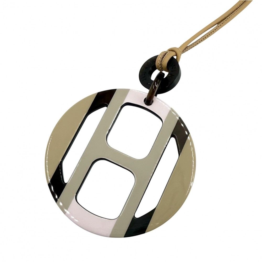 Hermes Necklace Equipe Pendant Hose Beige Pink Buffalo Horn Leather Silver