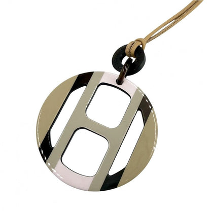 Hermes Necklace Equipe Pendant Hose Beige Pink Buffalo Horn Leather Silver