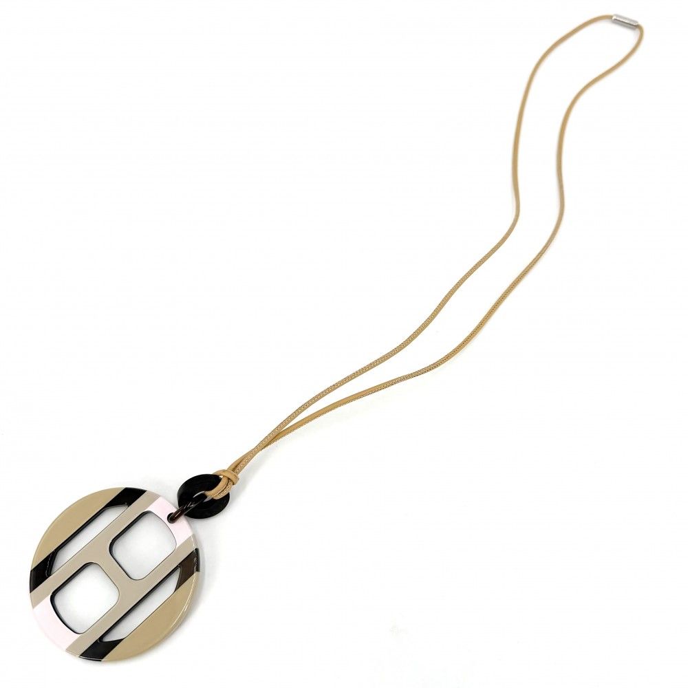 Hermes Necklace Equipe Pendant Hose Beige Pink Buffalo Horn Leather Silver — view 4