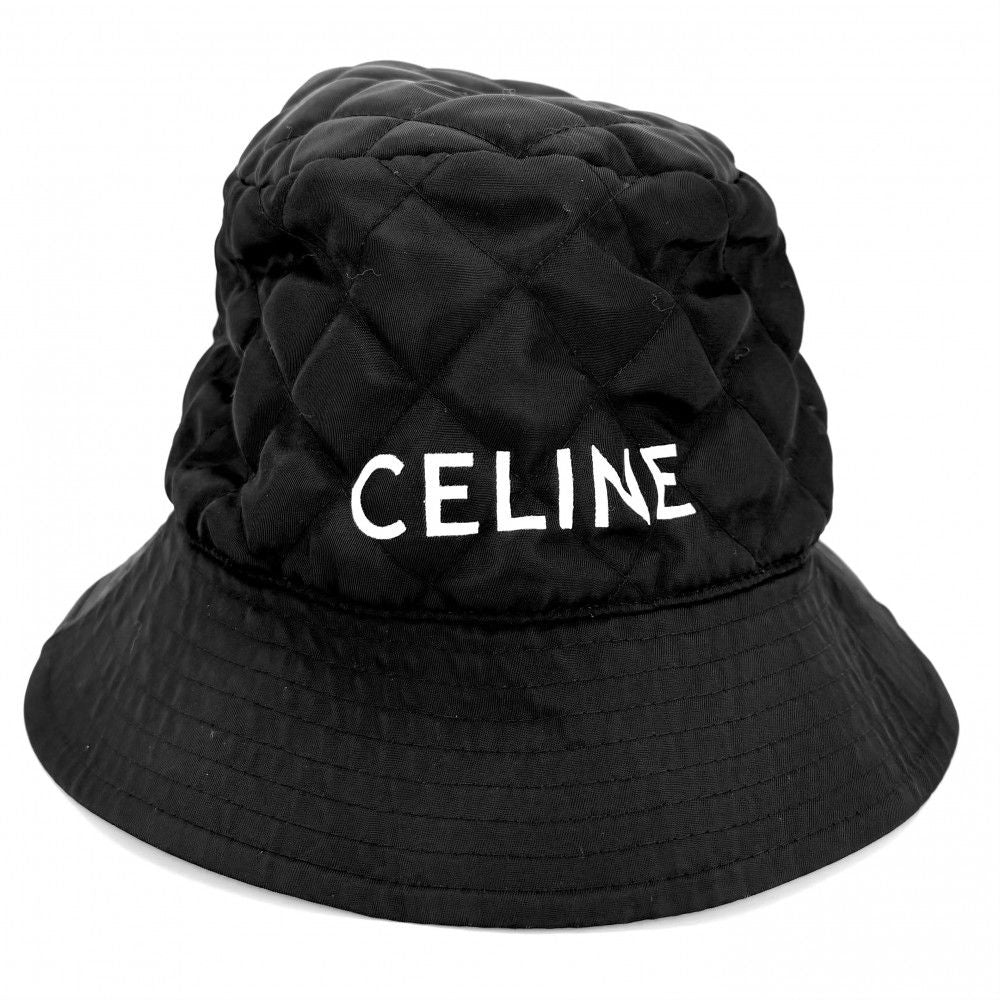 Celine Hat Quilted Bucket Hat Nylon Twill Logo Print M Black Orange
