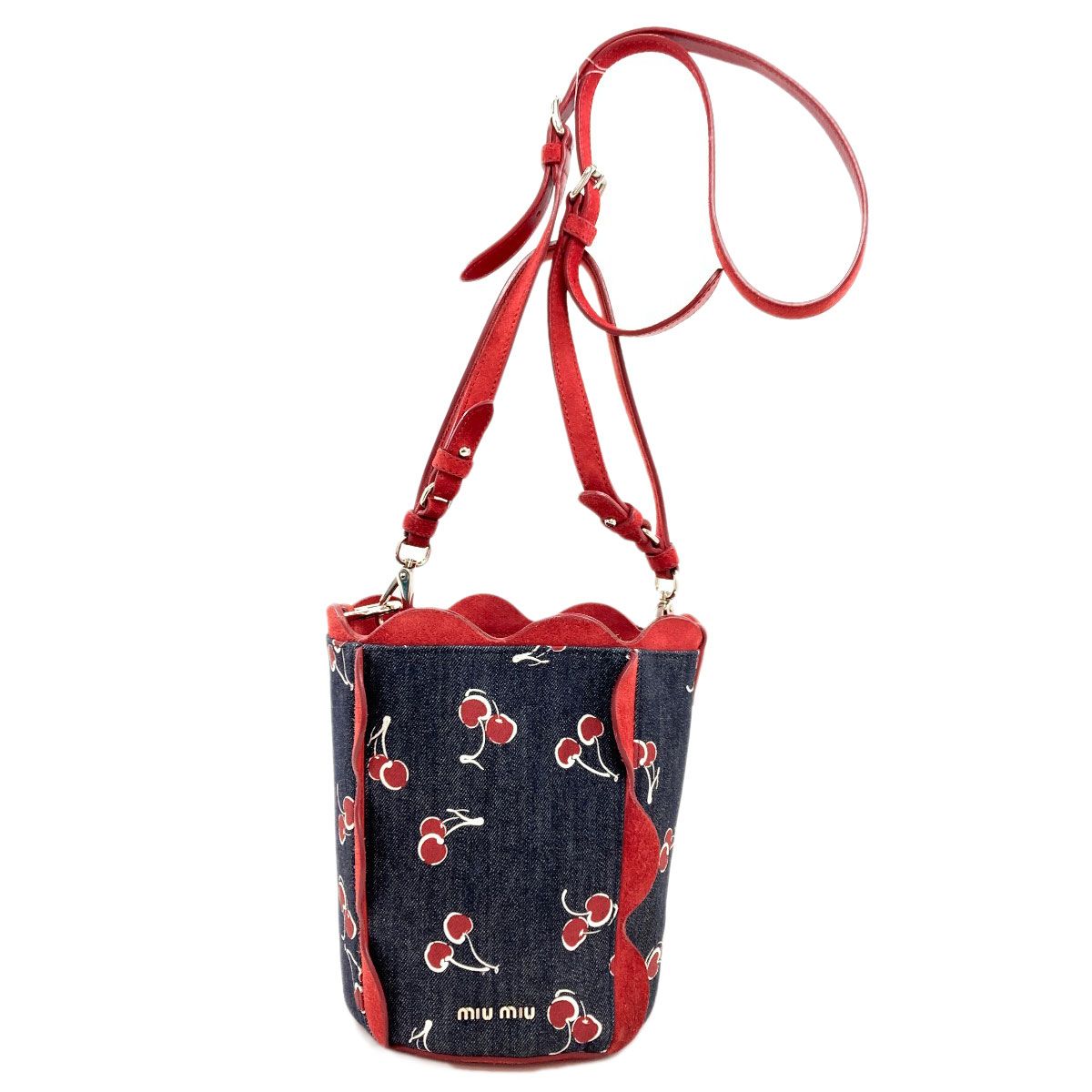 Miu Miu Cherry Print 2-Way Shoulder Bag Denim