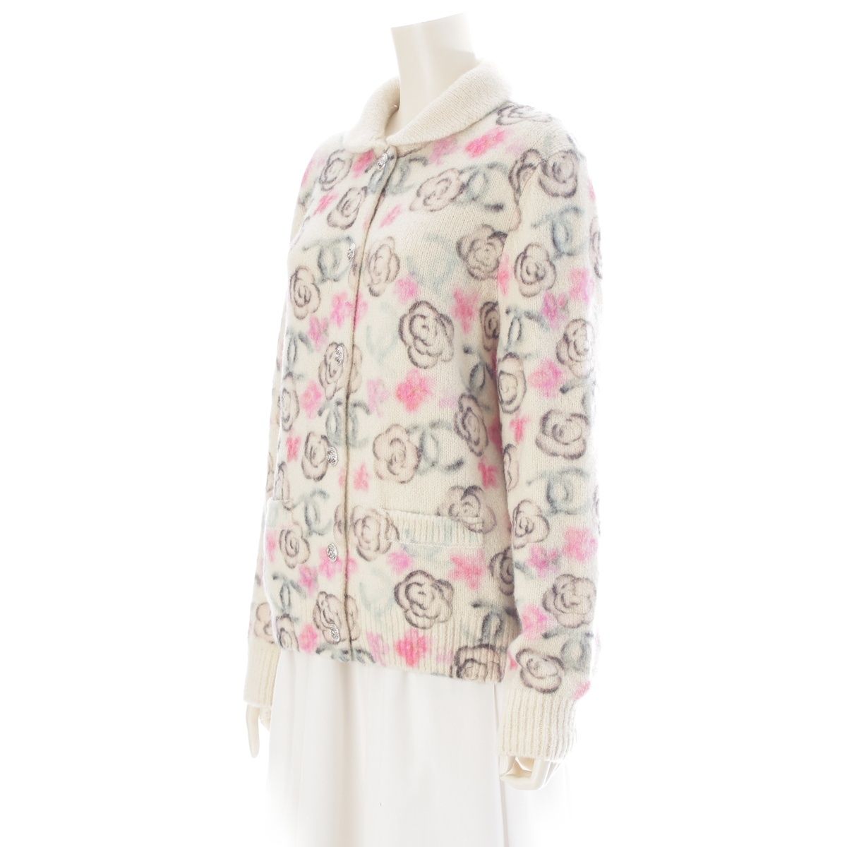 Chanel Coconage Cashmere Silk Camellia CC Logo Stone Knit Jacket Floral Pattern — view 2