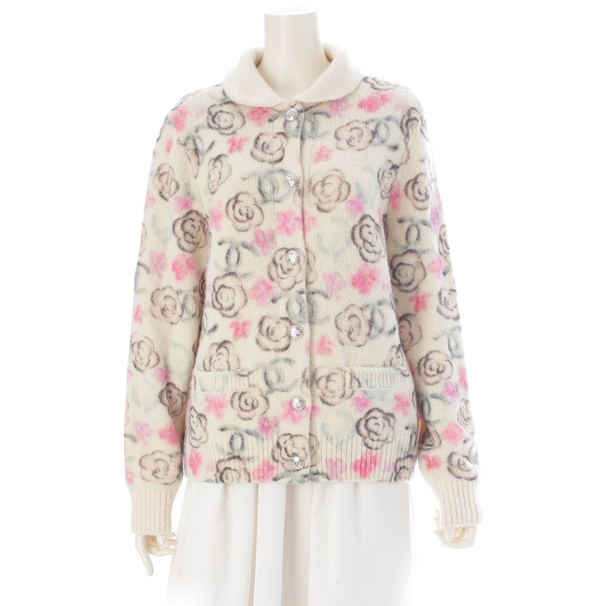 Chanel Coconage Cashmere Silk Camellia CC Logo Stone Knit Jacket Floral Pattern