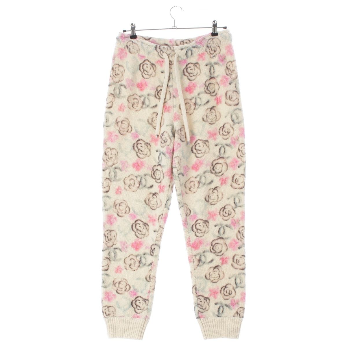 Chanel Coconage Cashmere Silk Camellia CC Logo Knit Pants Floral Pattern White
