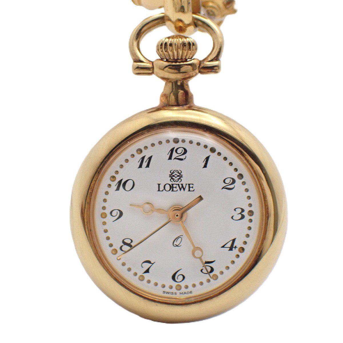 Loewe Pin Broch Watch Pocket Quartz Gold White Dial Pawn