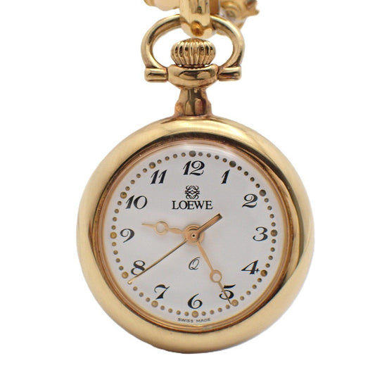 Loewe Pin Broch Watch Pocket Quartz Gold White Dial Pawn