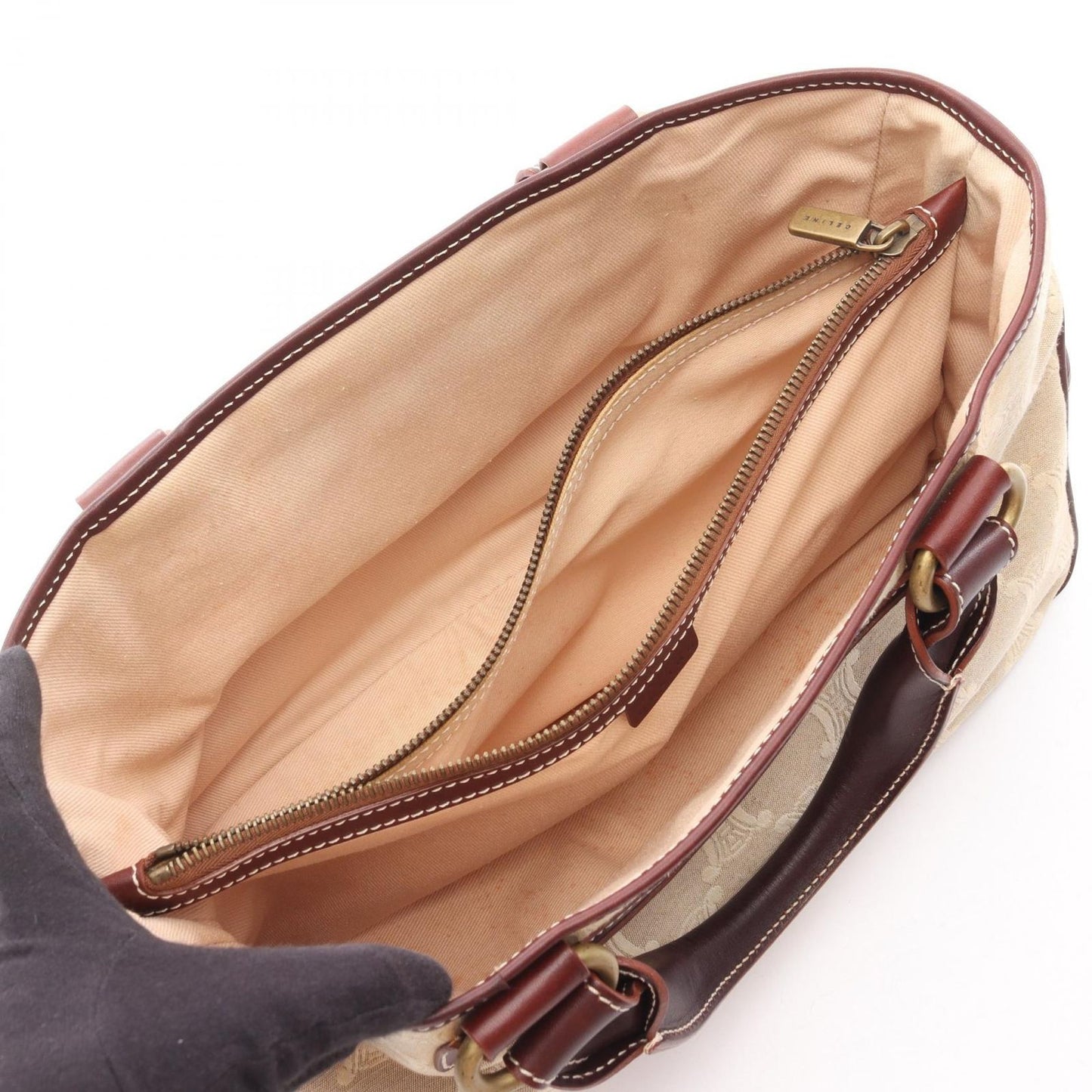 Celine Handbag Boogie Bag Beige Bordeaux Canvas Leather — view 3