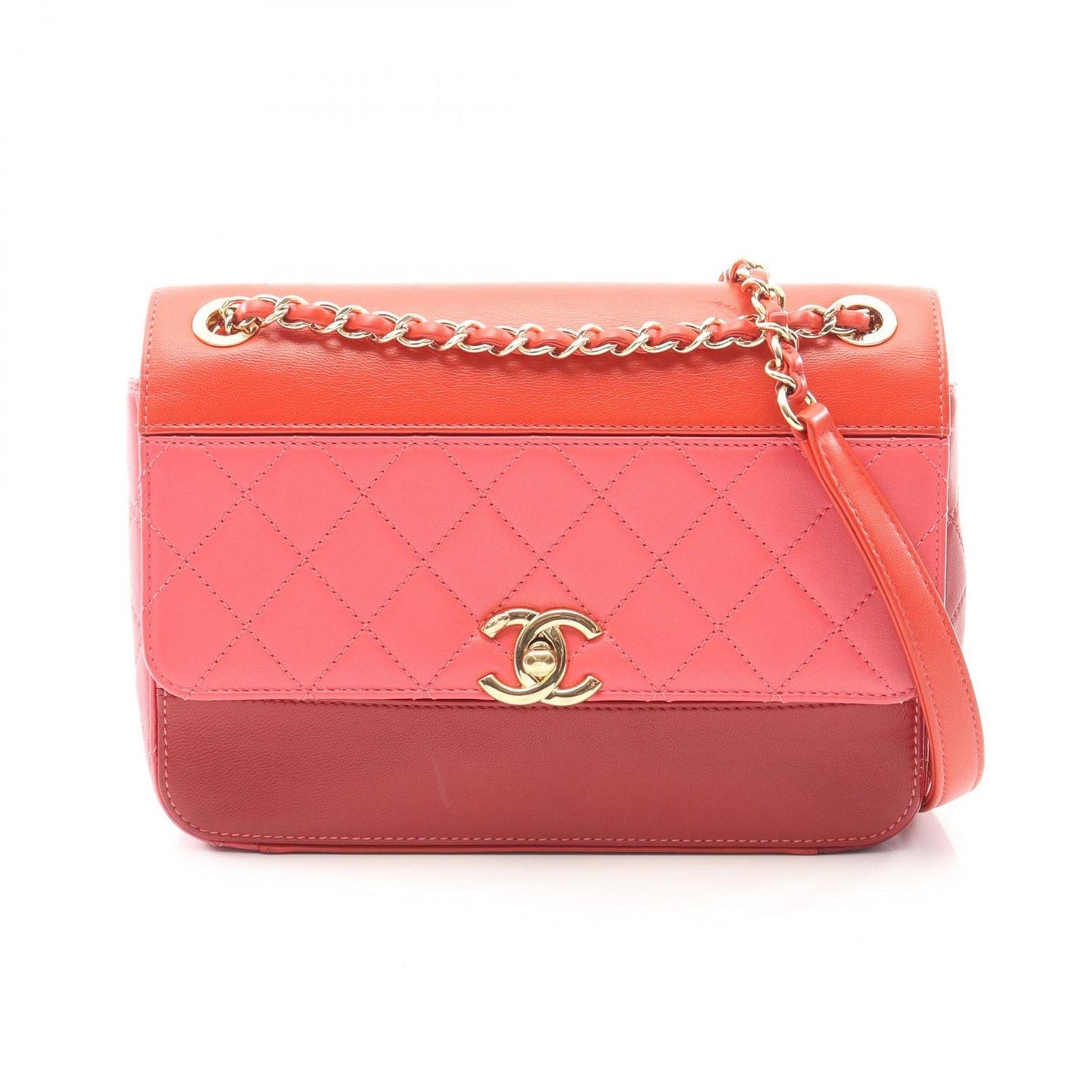 Chanel Shoulder Bag Quilted Red Pink Lambskin Bicolor Chain