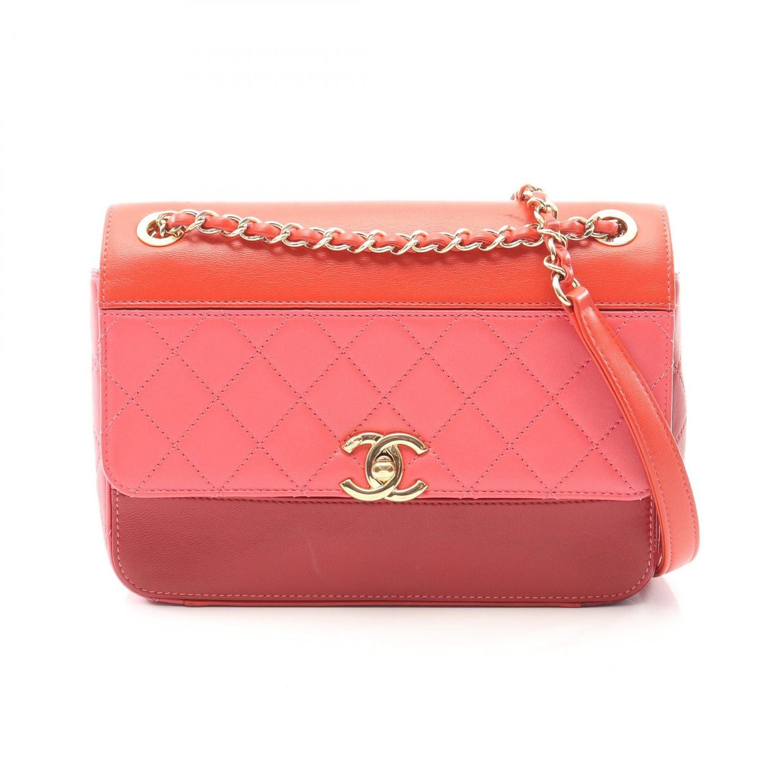 Chanel Shoulder Bag Quilted Red Pink Lambskin Bicolor Chain