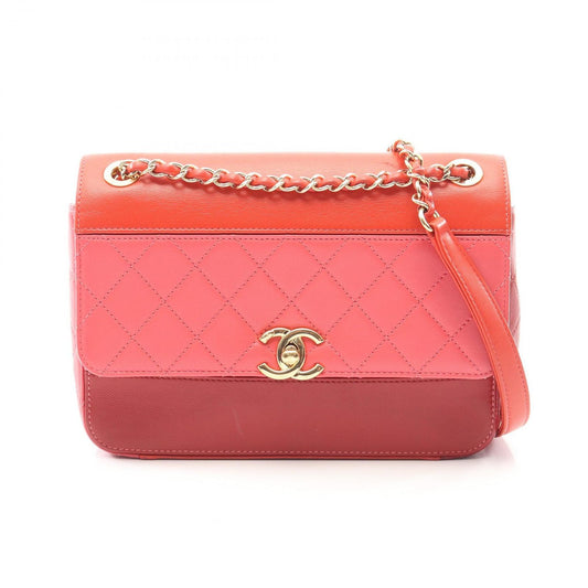 Chanel Shoulder Bag Quilted Red Pink Lambskin Bicolor Chain
