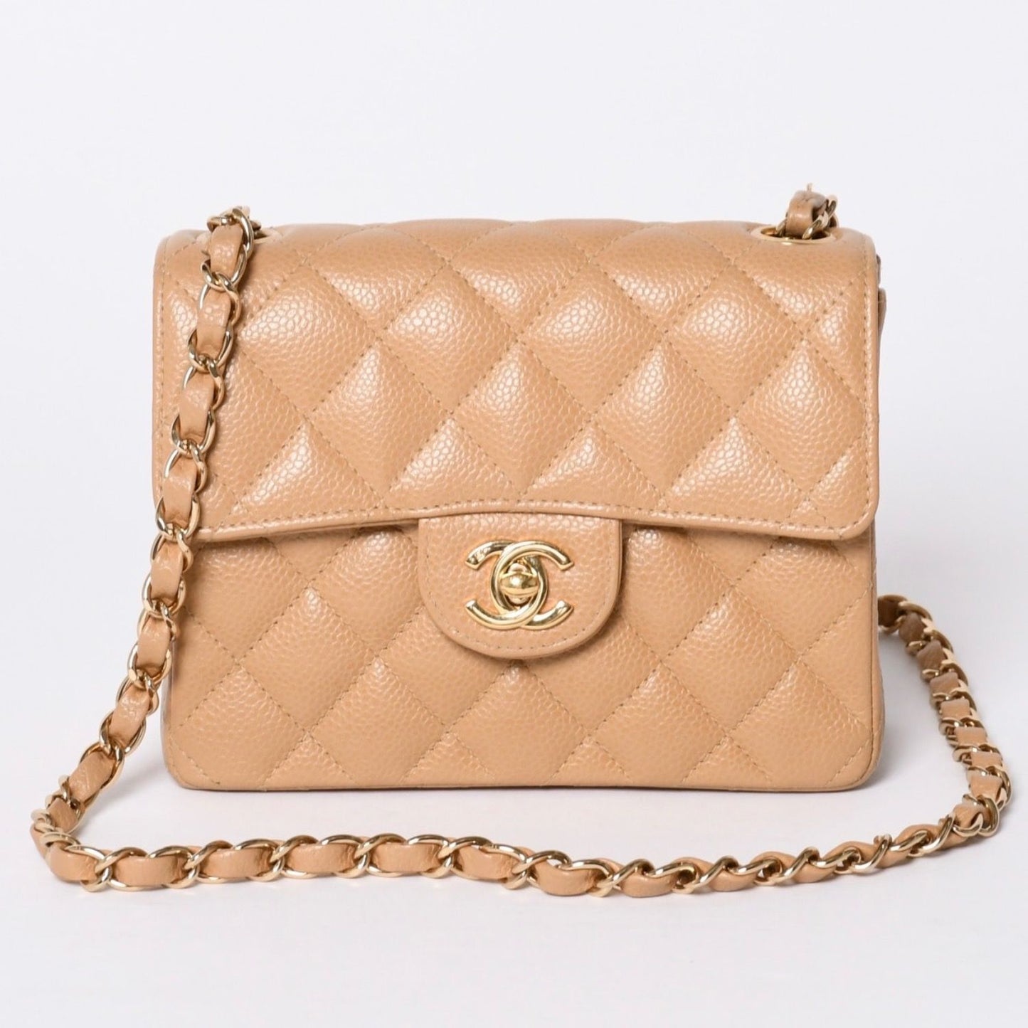 Chanel Mini Quilted Chain Shoulder Bag Caviar Leather Gold Beige