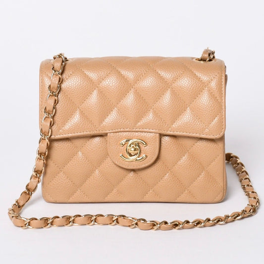 Chanel Mini Quilted Chain Shoulder Bag Caviar Leather Gold Beige