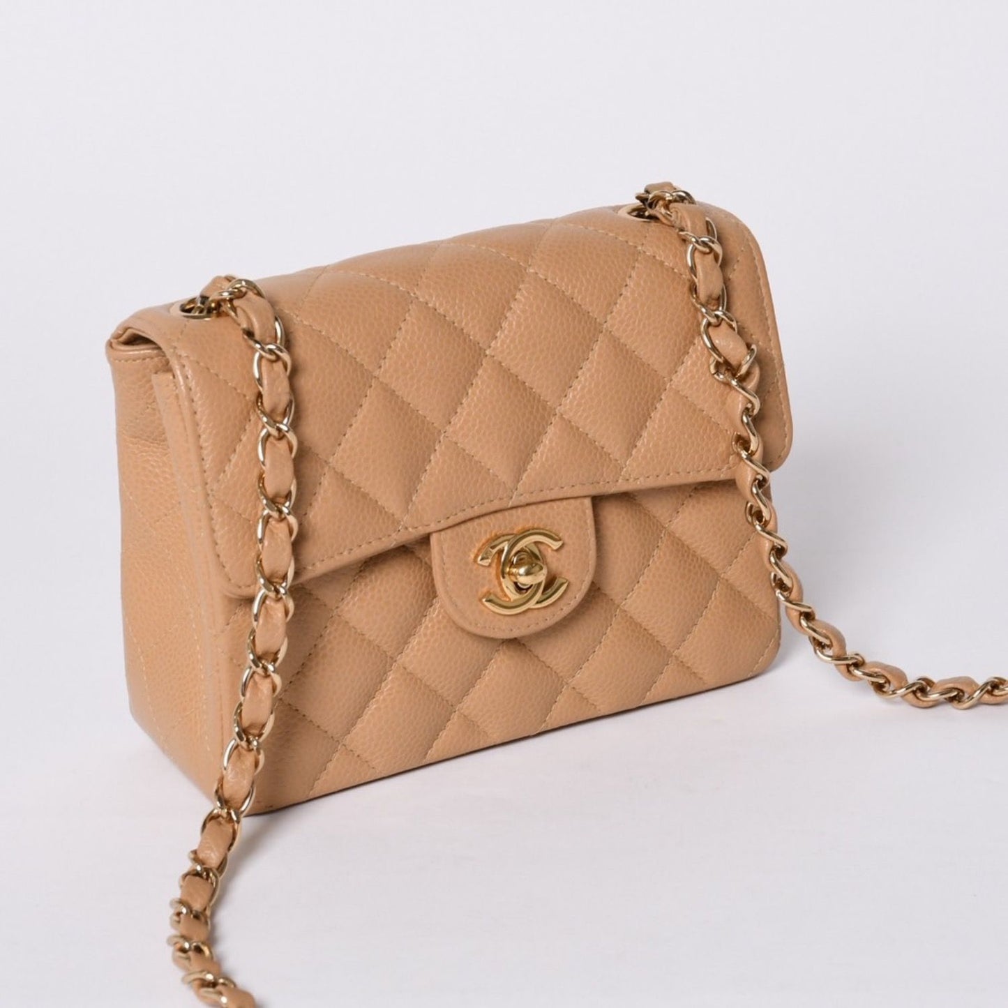Chanel Mini Quilted Chain Shoulder Bag Caviar Leather Gold Beige — view 3