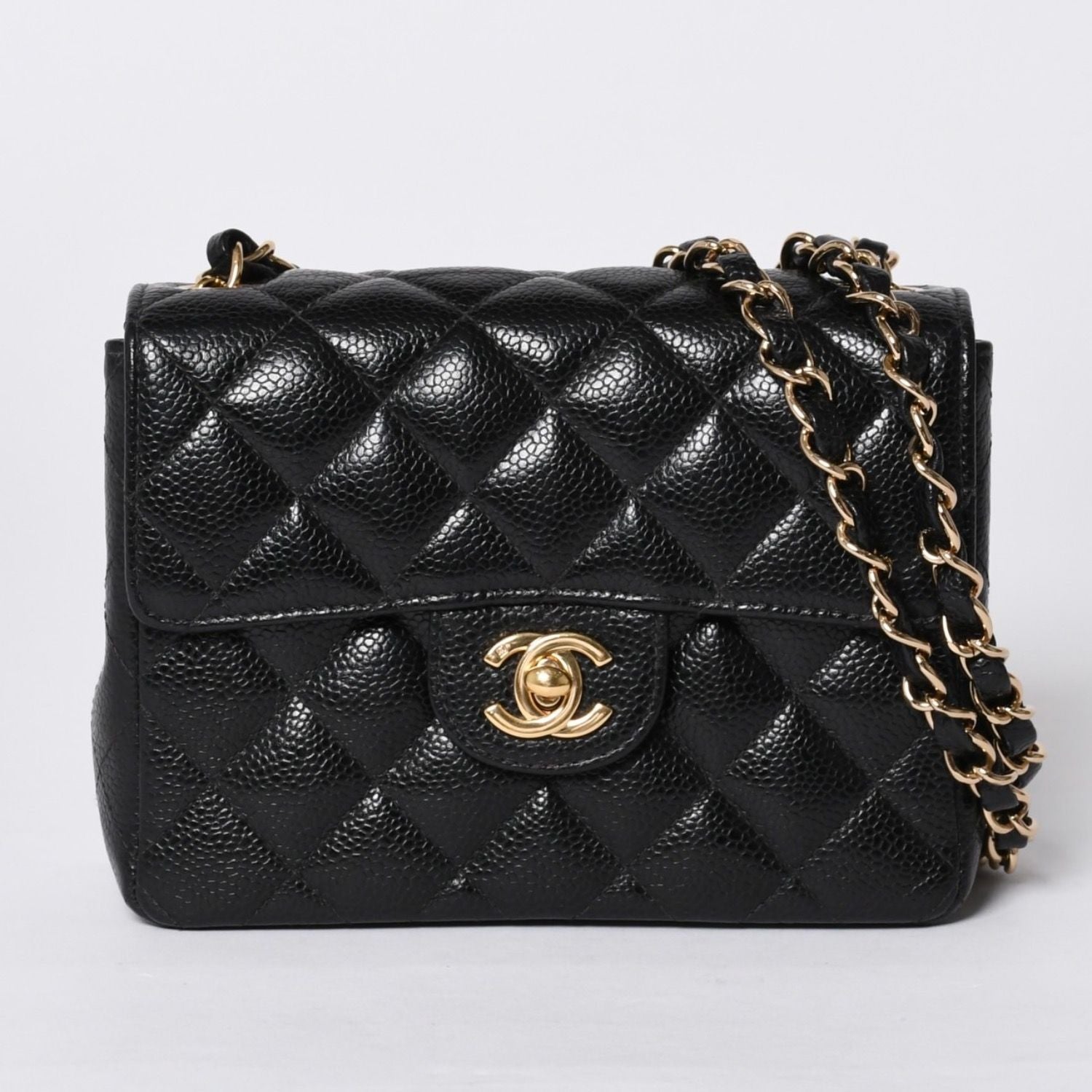 Chanel Mini Quilted Chain Shoulder Bag Caviar Leather Gold Black