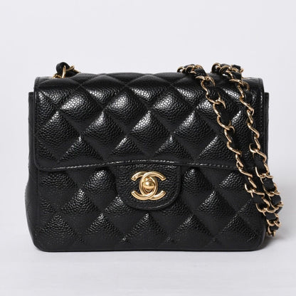 Chanel Mini Quilted Chain Shoulder Bag Caviar Leather Gold Black
