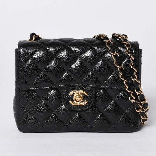 Chanel Mini Quilted Chain Shoulder Bag Caviar Leather Gold Black