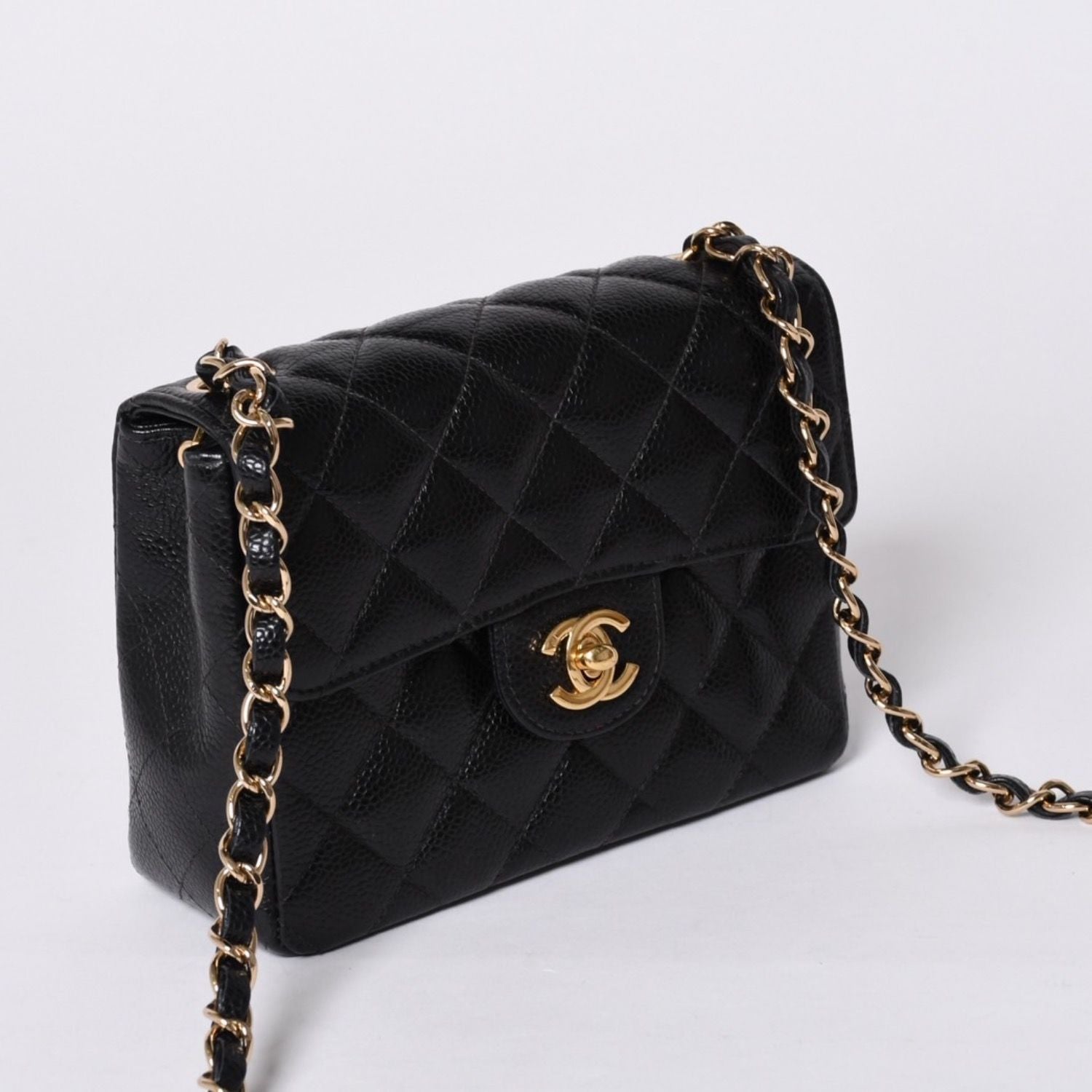 Chanel Mini Quilted Chain Shoulder Bag Caviar Leather Gold Black — view 3