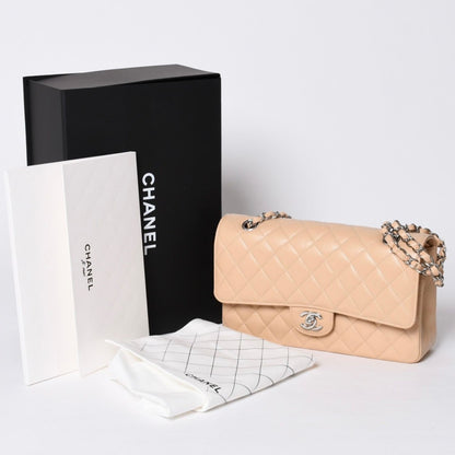 Chanel Quilted 25 Double Flap Chain Shoulder Bag Caviar Leather Beige Gold