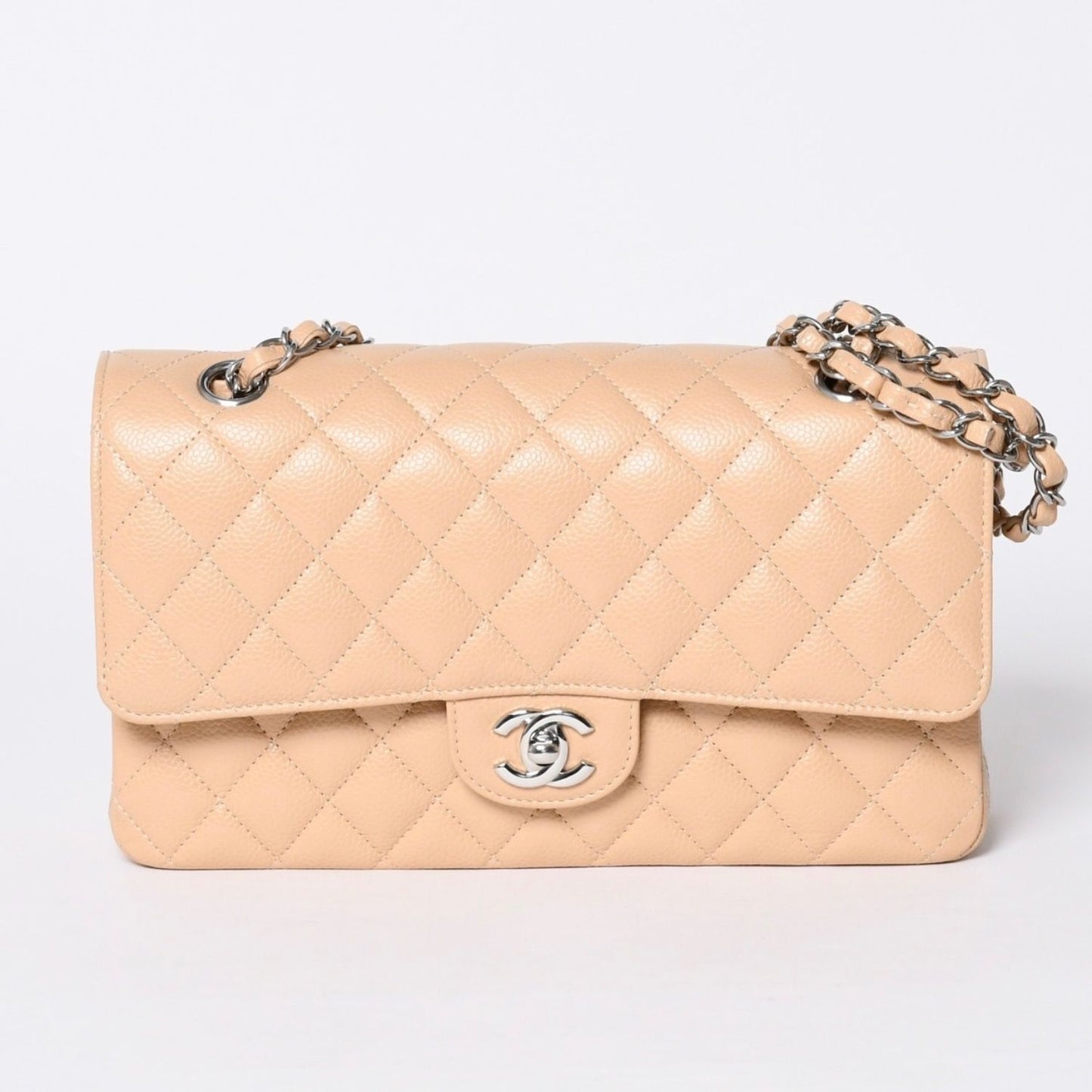 Chanel Quilted 25 Double Flap Chain Shoulder Bag Caviar Leather Beige Gold — view 2