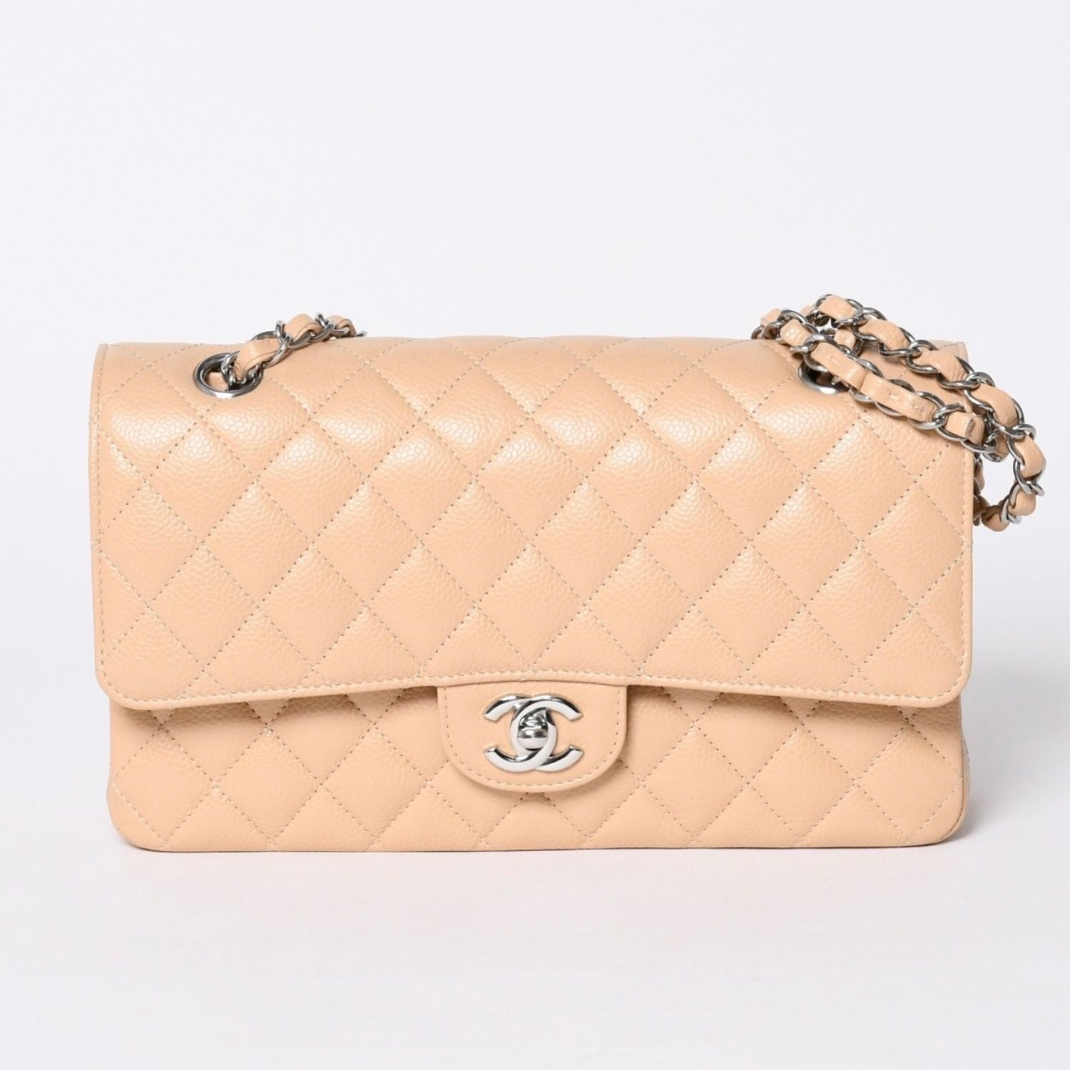 Chanel Quilted 25 Double Flap Chain Shoulder Bag Caviar Leather Beige Gold — view 2