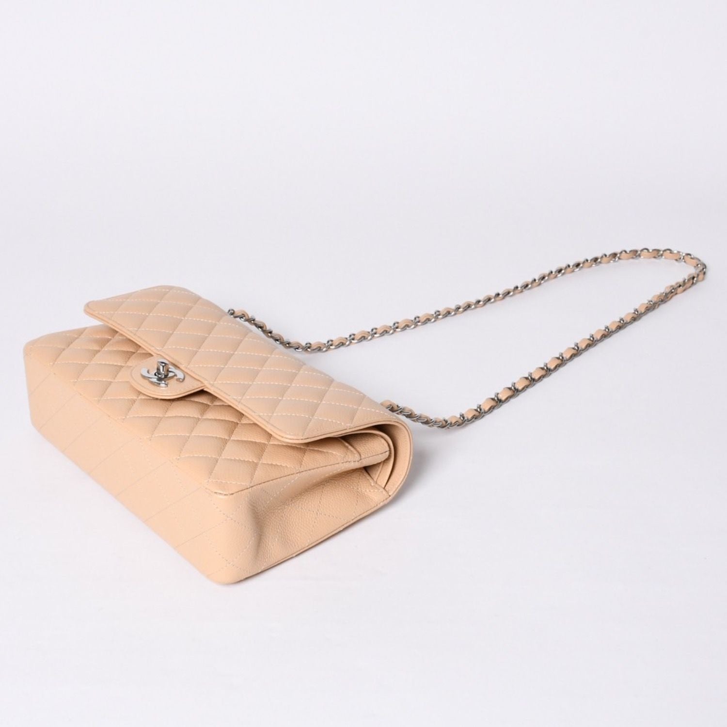 Chanel Quilted 25 Double Flap Chain Shoulder Bag Caviar Leather Beige Gold — view 5