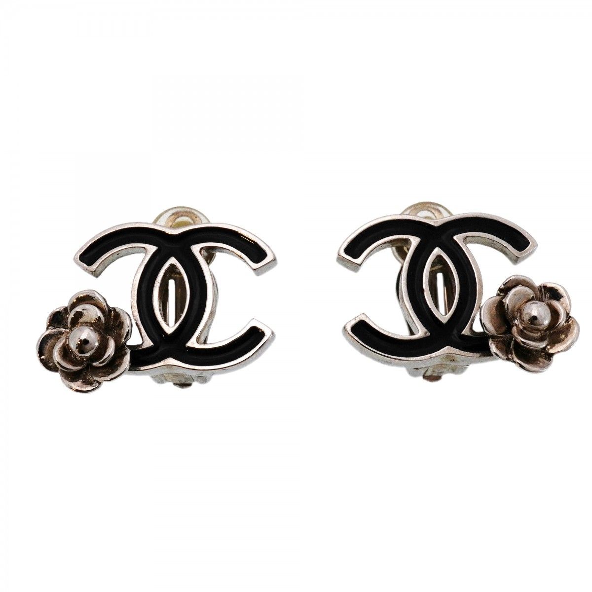 Chanel Earrings CC Logo Camellia Metal Silver Black Cles Diss