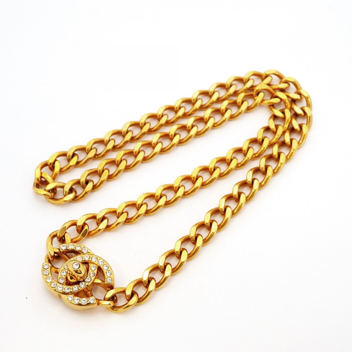 Chanel Necklace Vintage CC Logo Turnlock Gold Plated Line Stone — view 3
