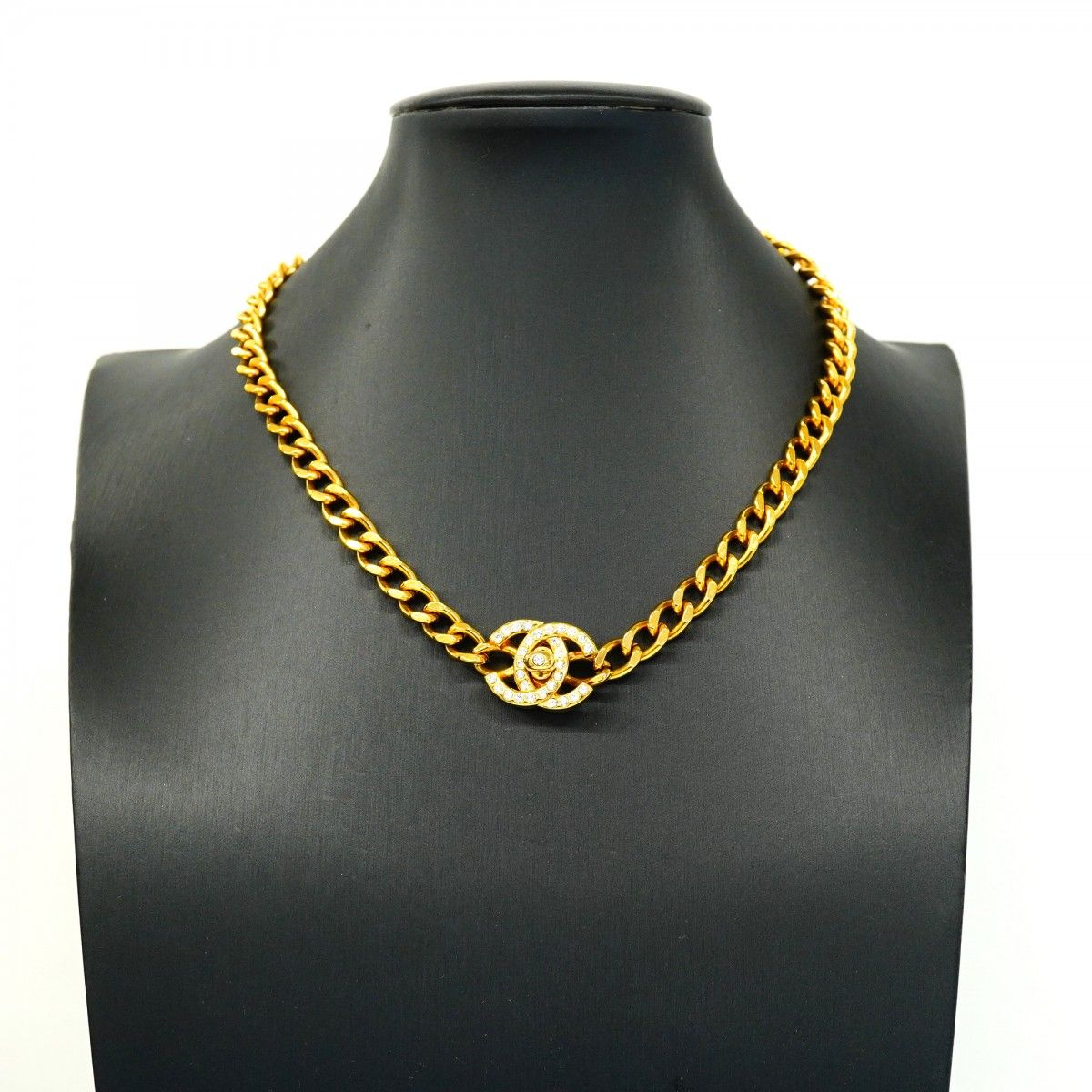 Chanel Necklace Vintage CC Logo Turnlock Gold Plated Line Stone — view 6