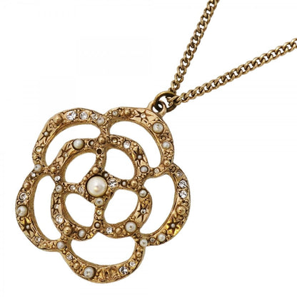 Chanel Necklace CC Logo Camellia Gold Plated Line Stone Faux Pearl Chien