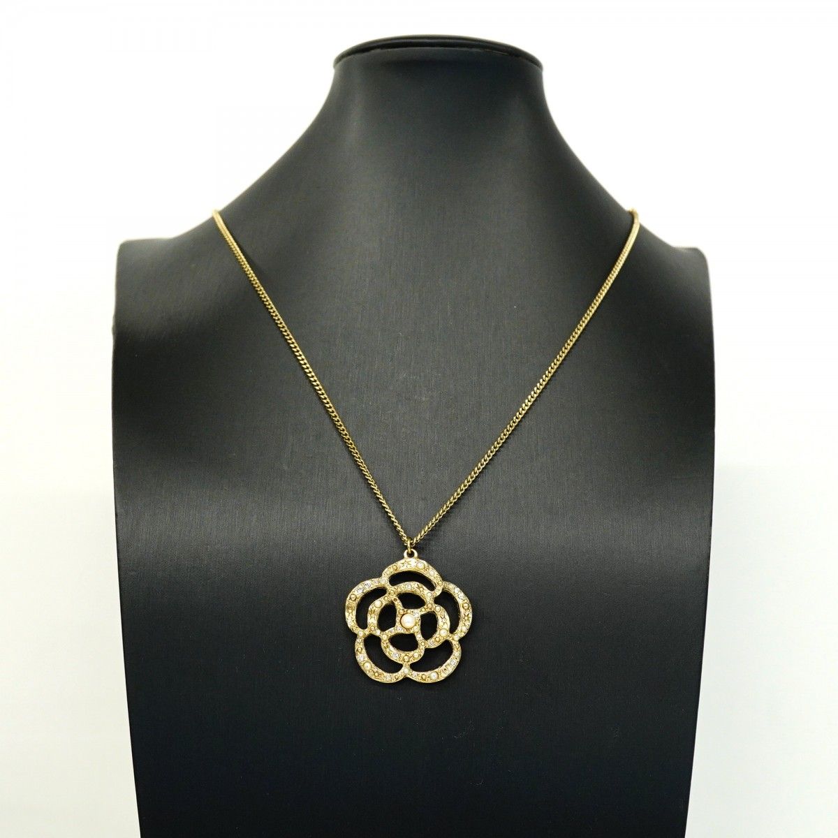 Chanel Necklace CC Logo Camellia Gold Plated Line Stone Faux Pearl Chien — view 5